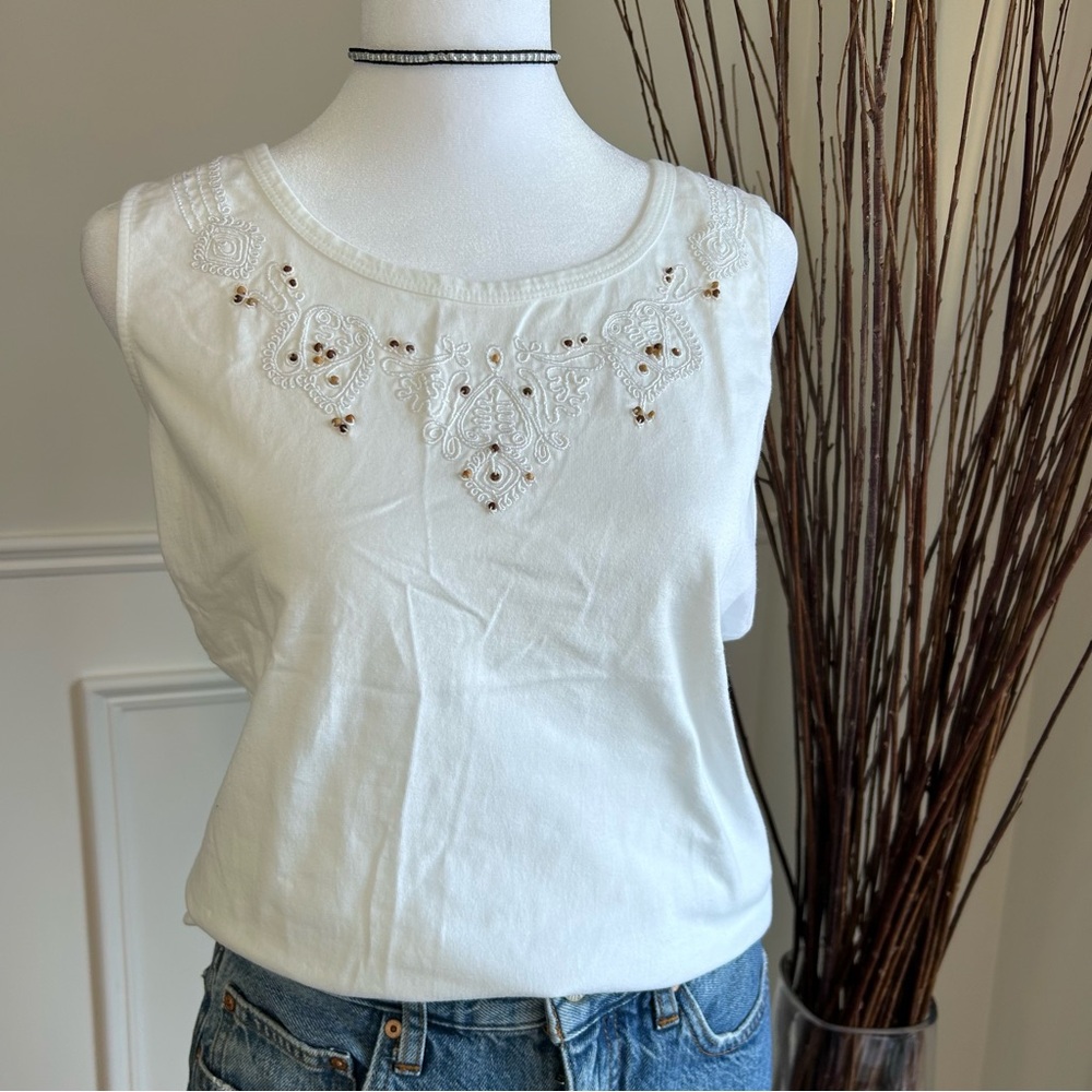 Denver Hayes 100% Cotton Tank Top White Embroidered beaded women’s medium